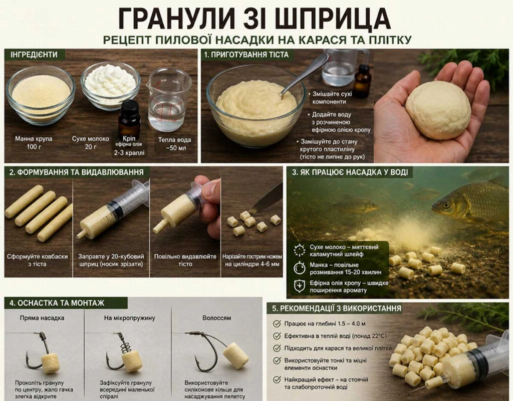 Пилові гранули зі шприца з кропом: ідеальна насадка на карася та плітку за 10 хвилин